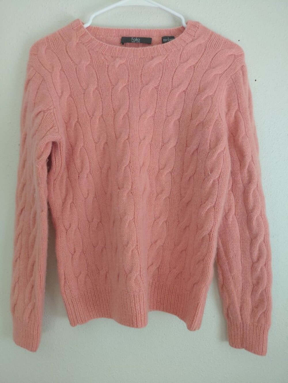 Folio 100% Cashmere Pink Cable Knit Sweater Crewneck Preppy Academia Luxury